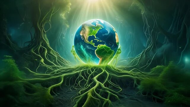 Vibrant planet earth glowing brightly held aloft by massive interconnected green roots representing nature