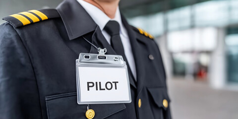 Pilot in uniform wearing ID badge, epaulettes with three stripes showing rank and airline career