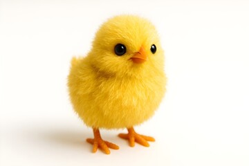 Obraz premium A small yellow chick standing on a plain white background, showcasing its fluffy feathers and bright color.