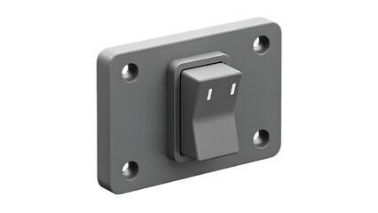 3D render: gray electrical rocker switch mounted on a metal plate with four screw holes