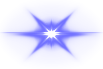 Symmetrical six point blue starburst light effect with wide horizontal beam isolated on transparent checkered background