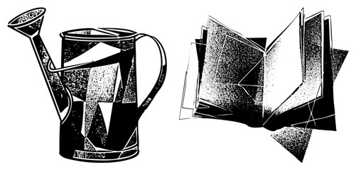 watering can and open book vector illustration