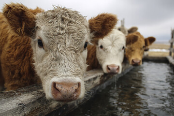 Fototapeta premium Close up of three young cows drinking water from wooden trough on cloudy day, showing their wet noses and curly fur in rural farm setting