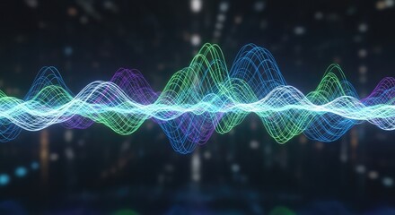 Vibrant multicolored waveform with glowing lines on dark background with bokeh lights technology concept