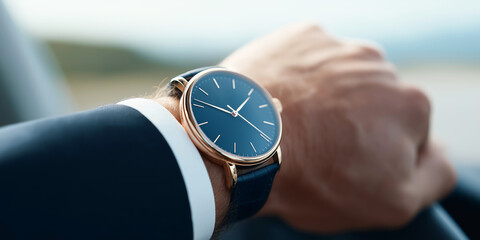 Businessman wearing a classic wristwatch and suit sleeve, hand resting on a steering wheel, managing time and punctuality