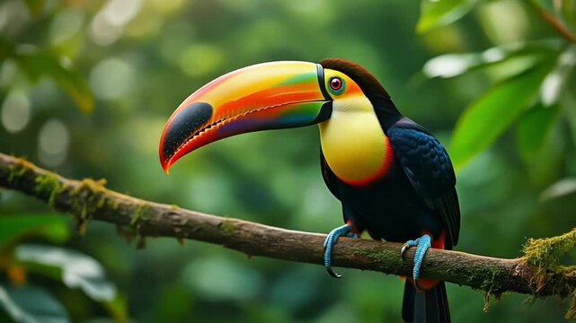 Vividly colored toucan bird with large rainbow bill perched on a mossy jungle tree branch