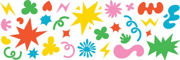 Colorful Geometric Shapes Fun Elements Set With Bright Abstract Figures Stars Lightning Bolt Circles Hearts Squiggles Isolated on Transparent Background Vector