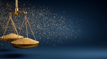 A pair of scales with gold dust falling from them. Concept of weight and balance, as well as the idea of something precious or valuable