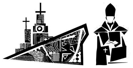 Naklejka premium Church building and bishop figure abstract geometric black and white