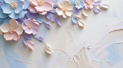 Soft pastel flowers on textured plaster. Minimalist, elegant, serene. Wallart, greeting card.