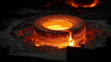 Medium shot of a glowing hot casting immediately before quenching illustrating the critical stage in heat treatment to achieve desired mechanical properties.