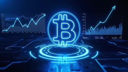 Glowing neon Bitcoin symbol radiates digital energy surrounded by rising financial market data charts - Powered by Adobe