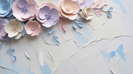 Soft pastel flowers on textured plaster. Minimalist, elegant, serene. Wallart, greeting card.