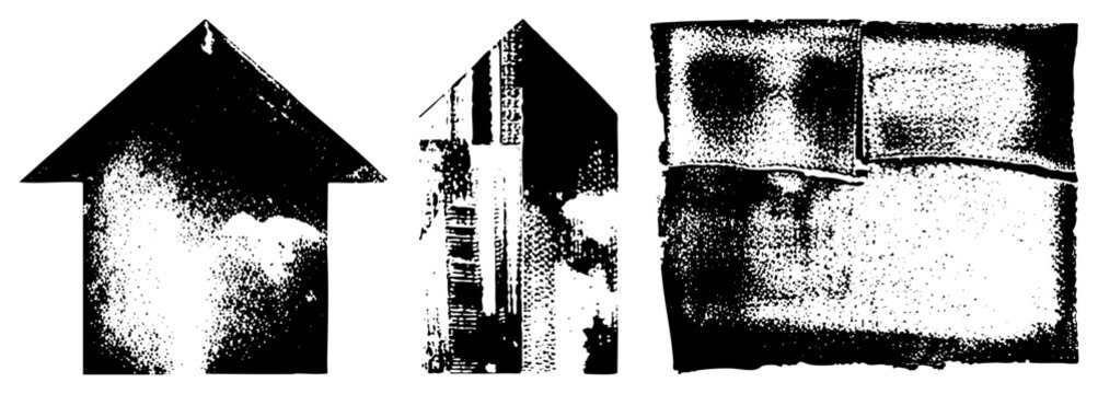 three abstract architectural silhouettes in halftone style