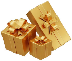 Three shiny golden gift boxes with ribbons on transparent background