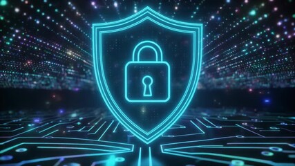 Glowing neon shield icon represents abstract digital security and data protection concept. - Powered by Adobe