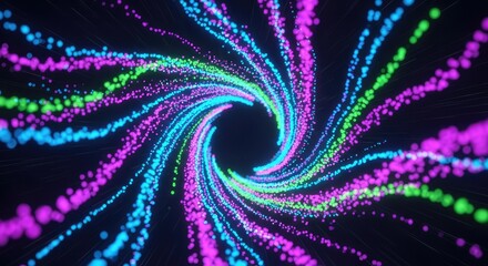 Vibrant swirling neon light trails in shades of pink blue and green against a dark background creating a dynamic abstract motion effect