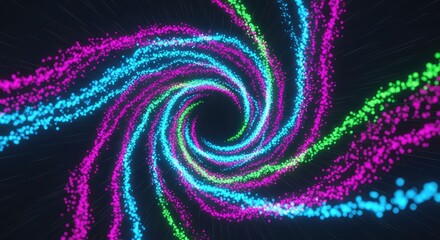 Vibrant swirling neon light trails in shades of pink blue and green against a dark background creating a dynamic abstract design element
