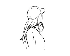 Ink line art illustration of the back view of a woman wearing a cap
