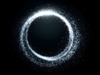 Silver sparkling dust ring. circle lightt.  glowing particles isolated on black background for overlay or design