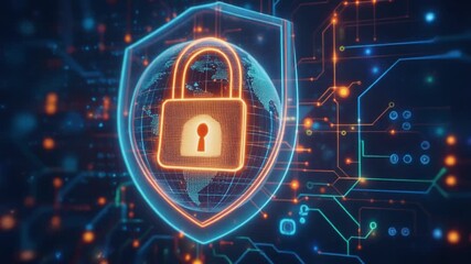 Digital security shield protects global data network with bright glowing padlock icon. - Powered by Adobe