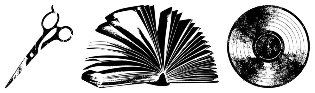 scissors book vinyl record black and white vector