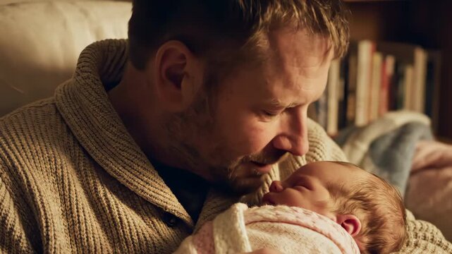 Tender adult man kissing and holding sleeping newborn baby in a cozy home. Concept of fatherhood and unconditional love