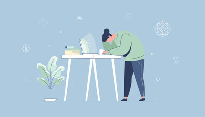 Stressed person slumps over their laptop illustrating professional burnout and mental fatigue