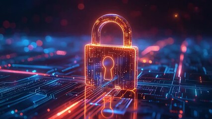 Glowing digital padlock symbolizes strong cybersecurity protection over abstract technological data pathways - Powered by Adobe