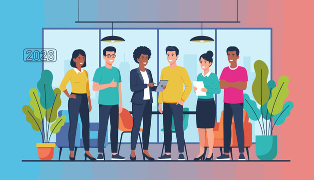 Diverse business team collaborating in a modern office planning strategies for the future concept 2026 - Powered by Adobe