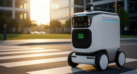 Delivery robot equipped with advanced sensors and cameras preparing to cross a pedestrian crossing on a corporate campus.