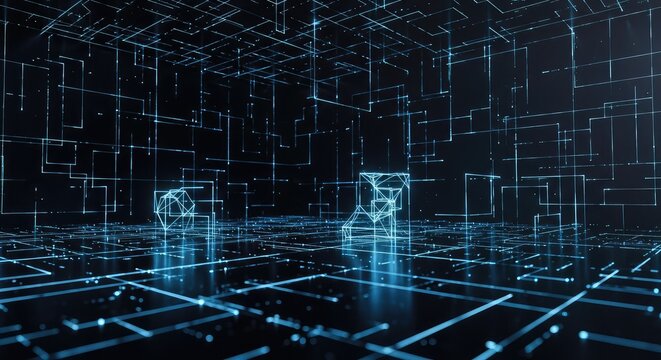 Futuristic digital landscape with neon blue grid lines and wireframe structures on dark background, technology concept with virtual reality elements and cyberpunk - Powered by Adobe