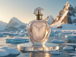 An elegant glass perfume bottle on a icy platform. This artistic composition evokes a sense of cool, fresh luxury and pristine, natural beauty.