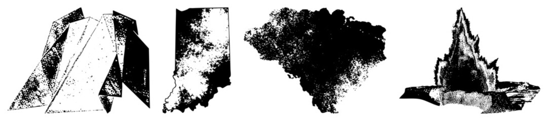 Abstract geometric shapes and organic forms in black and white halftone