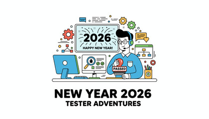 Fototapeta premium IT tester celebrates 2026 New Year confirming successful quality assurance testing results