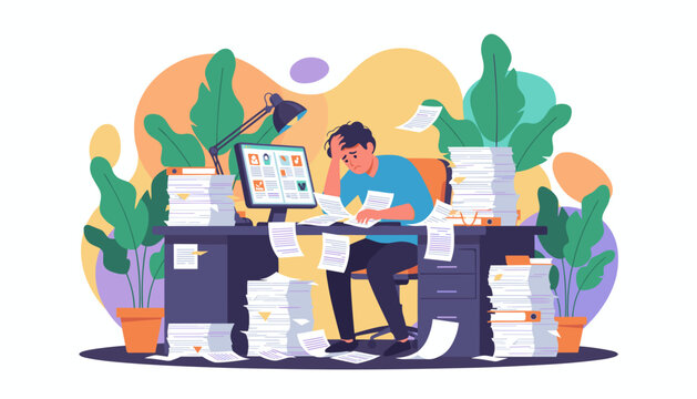 Overworked man stressed by huge piles of documents and deadlines at his office desk Burnout concept