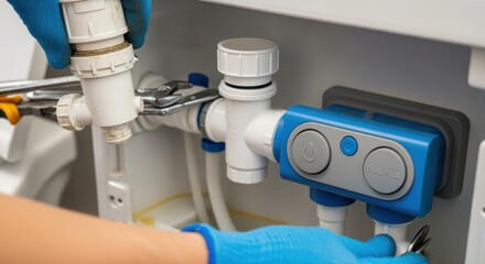 DIY bathroom repair showing removal of old toilet fill valve and installation of innovative dual flush valve system upgrade.