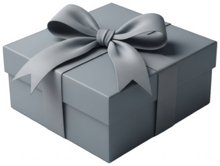 Close up angle of elegant gray gift box featuring large satin ribbon bow detail