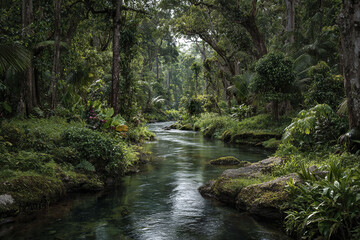 Naklejka premium Serene rainforest waterway flowing creek through lush jungle with dense green foliage and tall trees creating peaceful natural environment full of vibrant plant life