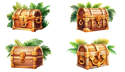 Treasure Chest Illustration: Discover the allure of ancient treasures, each adorned with intricate designs and presented with lush tropical foliage, conjuring the spirit of adventure and discovery. 