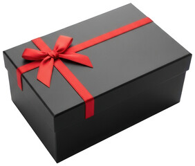 Black gift box with a vibrant red ribbon bow isolated on transparent background for elegant present packaging