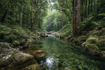 Obraz premium Serene rainforest waterway flowing creek through lush jungle with clear water and moss covered rocks creating peaceful natural environment full of vibrant green foliage