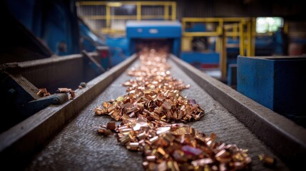 Medium shot of assorted copper scraps moving along an automated conveyor belt in a recycling plant.