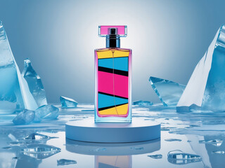 A vibrant perfume bottle with blue, yellow, and magenta liquid sits on an icy blue platform. The striking color design incorporates the pansexual pride flag colors.