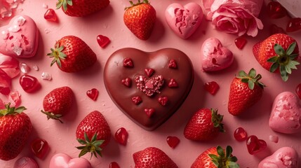 A delightful overhead view of fresh red strawberries, heart-shaped chocolates, and pink candies arranged on a soft pink background, perfect for Valentine's Day.