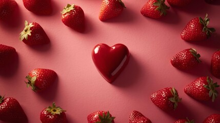 Red heart-shaped chocolate surrounded by fresh strawberries on a vibrant pink background, symbolizing love and sweetness.
