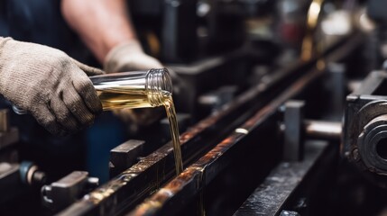 Closeup of hands pouring biobased lubricant onto machinery highlighting ecofriendly plantbased wire drawing oil in sustainable industrial use.
