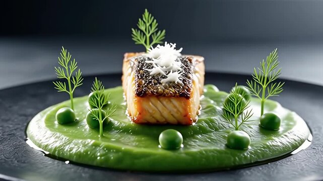 Delicious grilled arctic char fillet with green pea puree on black plate in luxury restaurant