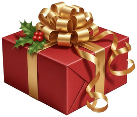 Red gift box with gold ribbon and holly decoration