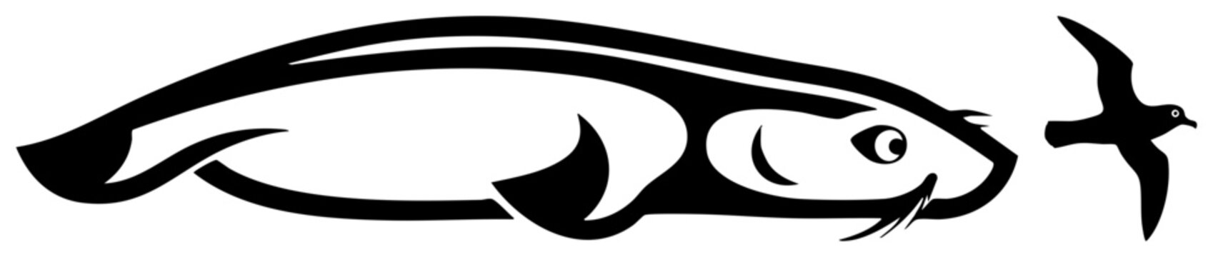 Seal and seabird stylized black vector illustration